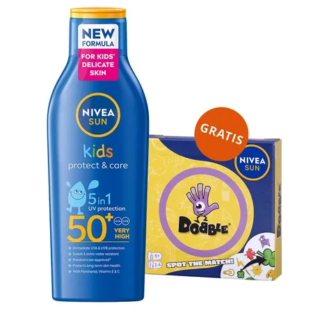 Nivea Sun Kids Protect & Care 5in1, Детский солнцезащитный лосьон, SPF 50+, 200 мл + игра Dobble бесплатно: цены и характеристики