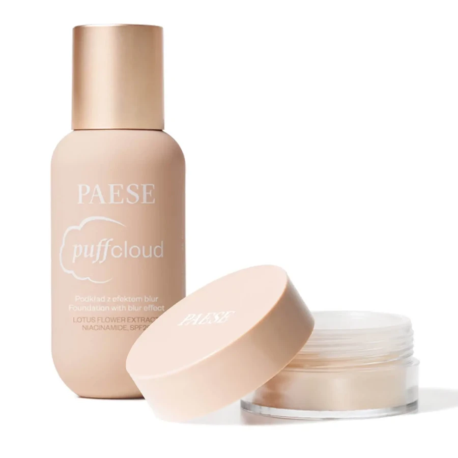 Paese Puff Cloud Soft Cover Blur Set, розгладжуюча пудра для повік, 4,5 г + сатинова тональна основа для обличчя з ефектом розмиття, 01 світло-бежевий, SPF 20, 37 мл: ціни та характеристики