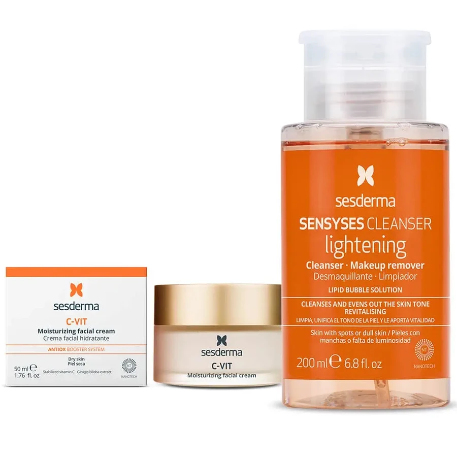 Набір Sesderma C-Vit, зволожуючий крем для обличчя, 50 мл + засіб для зняття макіяжу з втомленої та тьмяної шкіри, 200 мл: ціни та характеристики