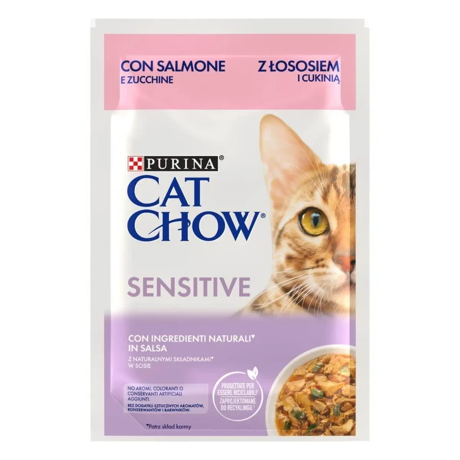 PURINA Cat Chow Sensitive, лосось и тыква, саше влажный корм для кошек, пищеварительная система, (в соусе), 85 г: цены и характеристики
