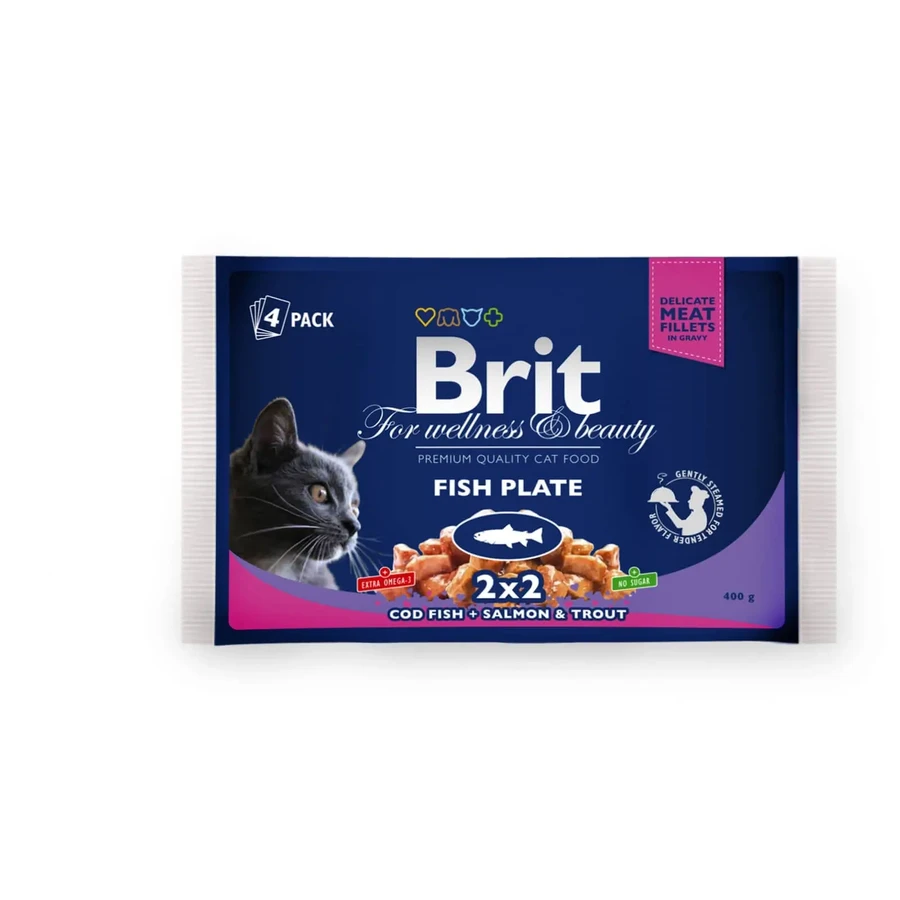 BRIT Premium Multipack Рибна тарілка, 2 смаки, змішана упаковка, вологий корм для котів у пакетиках, (в соусі), 100г х 4: ціни та характеристики