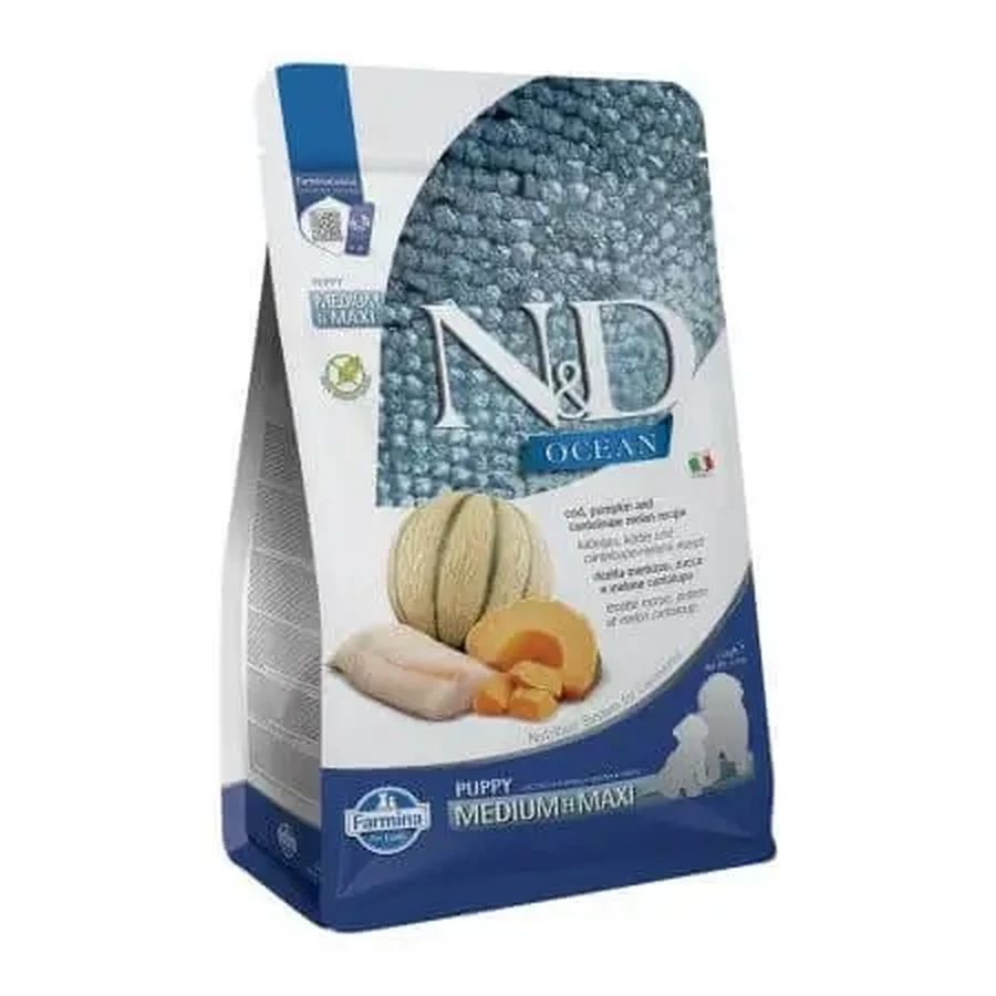 Сухой корм с треской, тыквой и дыней для собак Puppy Medium и Maxi Ocean N&D, 2,5 кг, Farmina: цены и характеристики