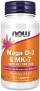Now Foods Вітамін D3 5000 МО + K2 MK7 180 мкг 120 капсул