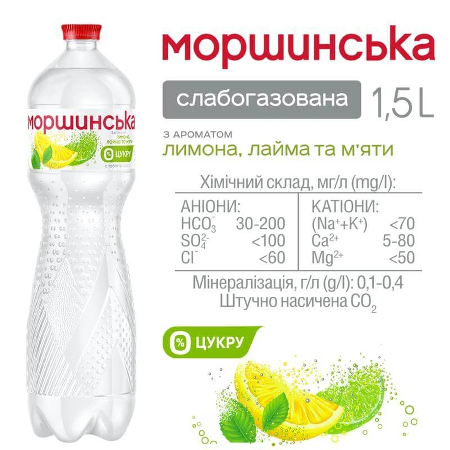 Моршинская вода минеральная природная столовая Лимон-Лайм-Мята слабогазированная, 1,5 л: цены и характеристики