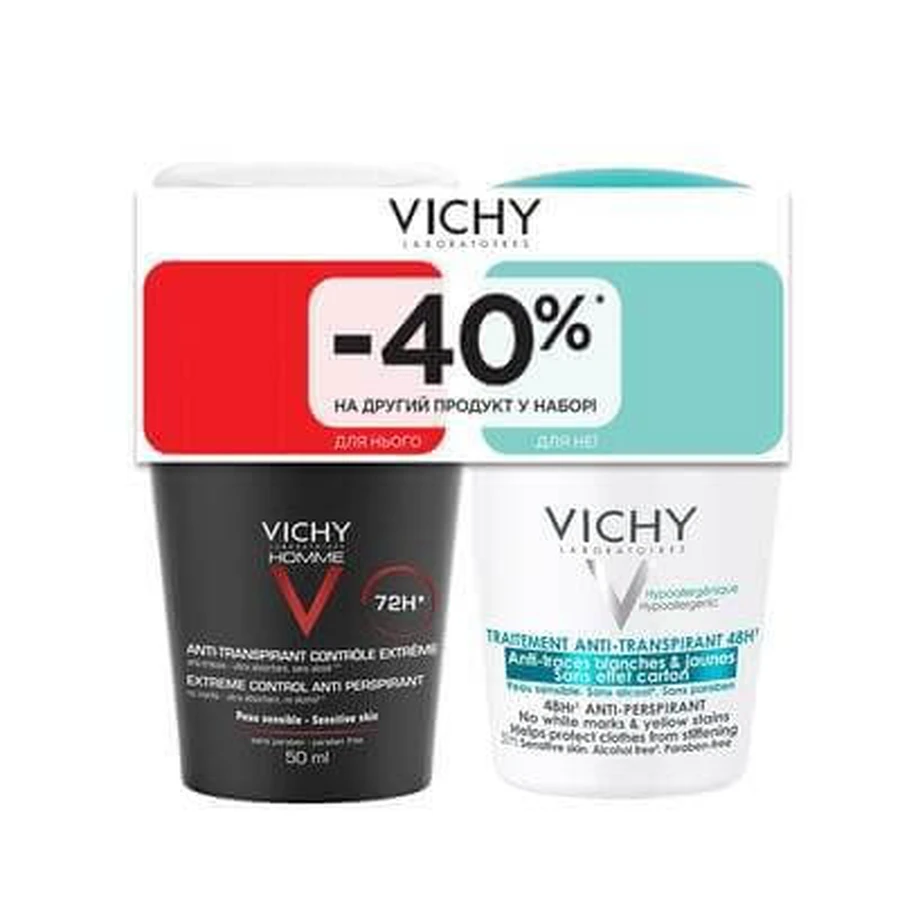 Vichy набор дезодорантов: мужской интенсивный 72 часа + женский против белых следов и желтых пятен, 50 мл + 50 мл: цены и характеристики