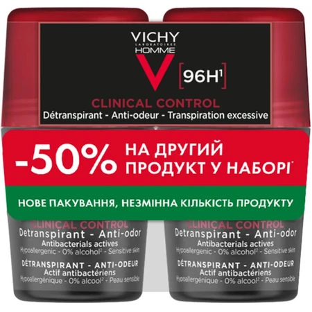 Дезодорант-антиперспирант Vichy Homme Clinical Control 96 часов защиты, роликовый, 2 шт. по 50 мл: цены и характеристики