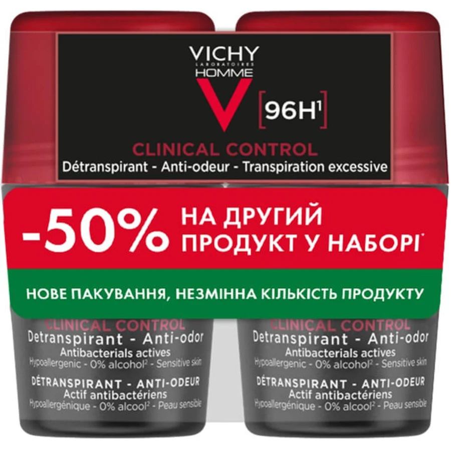 Дезодорант-антиперспирант Vichy Homme Clinical Control 96 часов защиты, роликовый, 2 шт. по 50 мл: цены и характеристики