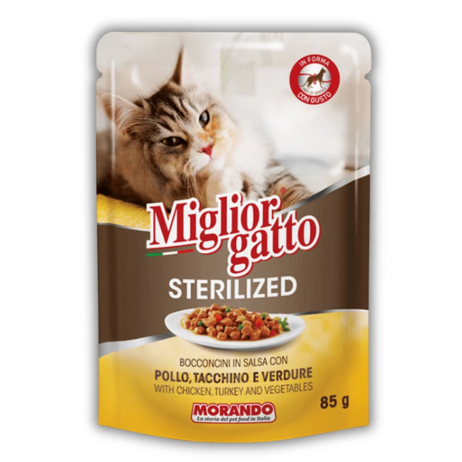 Беззерновые консервы для стерилизованных кошек Morando Migliorgatto Sterilized курица индейка кусочки в соусе 85 г: цены и характеристики