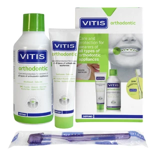 Набір Vitis Orthodontic: ополіскувач 500 мл + зубна паста 100 мл + зубна щітка