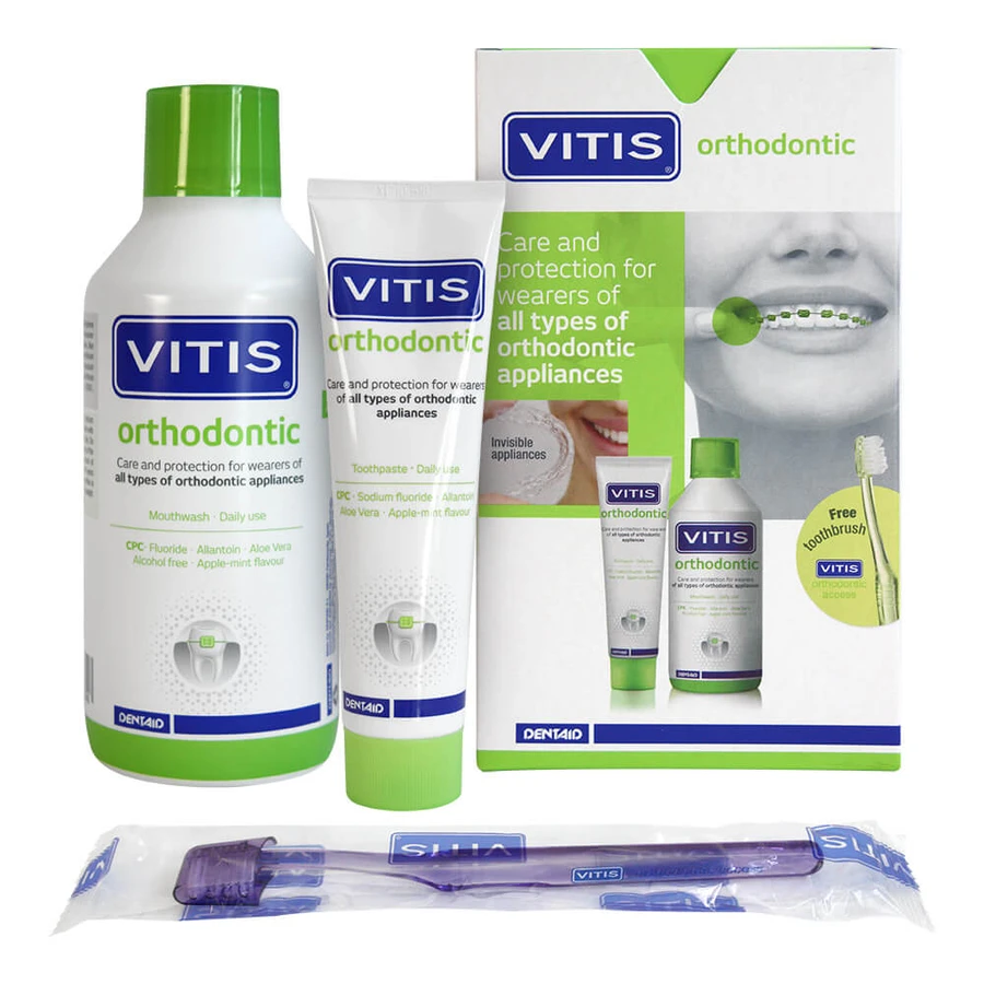 Набір Vitis Orthodontic: ополіскувач 500 мл + зубна паста 100 мл + зубна щітка: ціни та характеристики