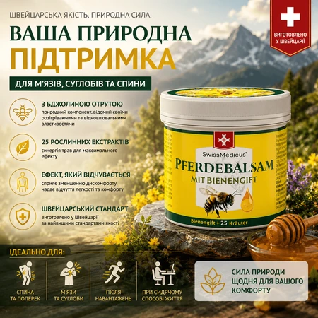 Трав'яний бальзам SwissMedicus Pferdebalsam mit Bienengift з 25 травами та бджолиною отрутою, 150 мл: ціни та характеристики