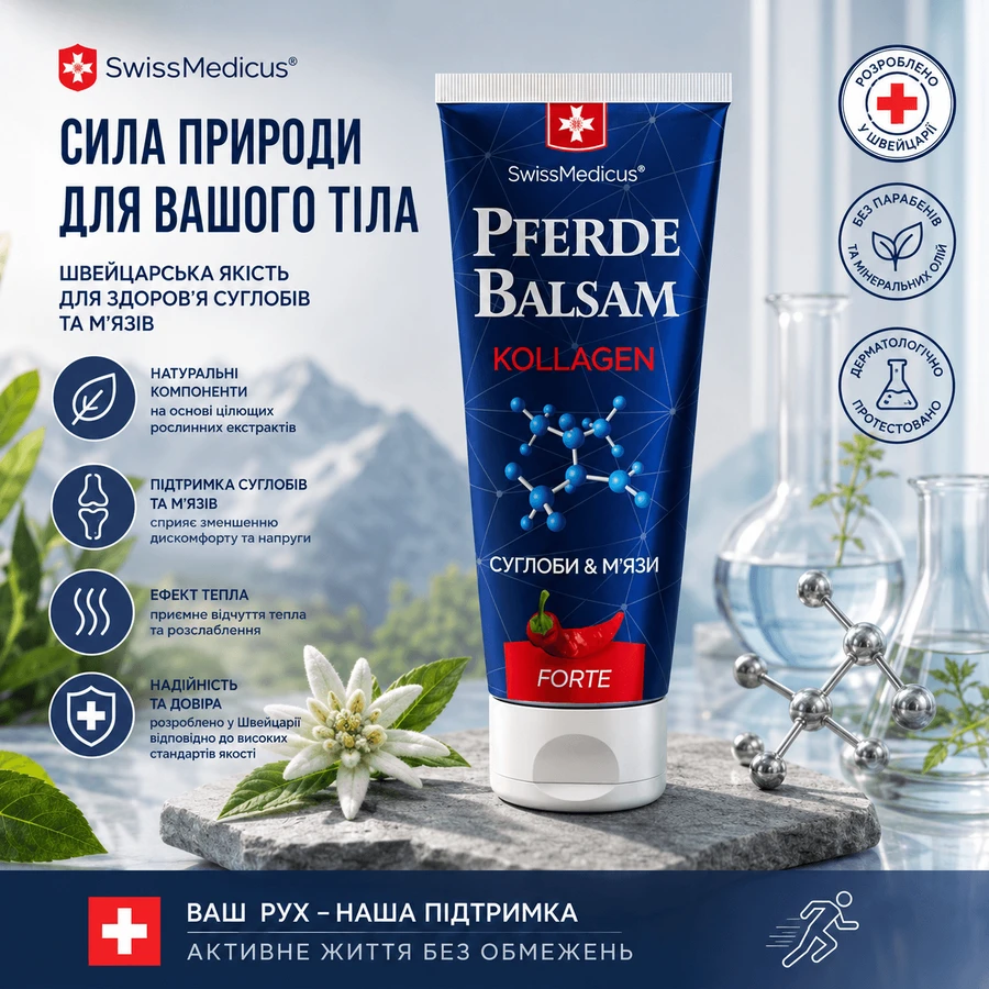 Гель для тіла SwissMedicus Pferdebalsam wärmend mit Meereskollagen Forte емульсійний з морським колагеном, гіалуроновою кислотою та 25 травами, 200 мл: ціни та характеристики