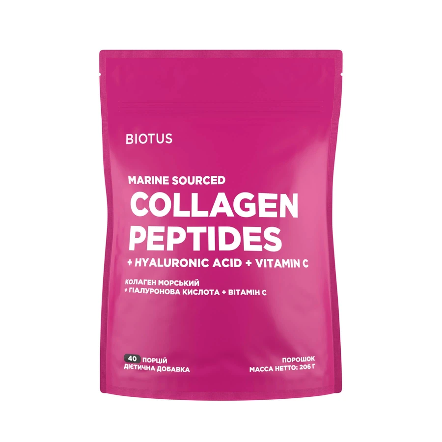 Колаген морський + гіалуронова кислота + вітамін C, Marine Sourced Collagen Peptides + Hyaluronic Acid + Vitamin C, Biotus, 206 г: ціни та характеристики