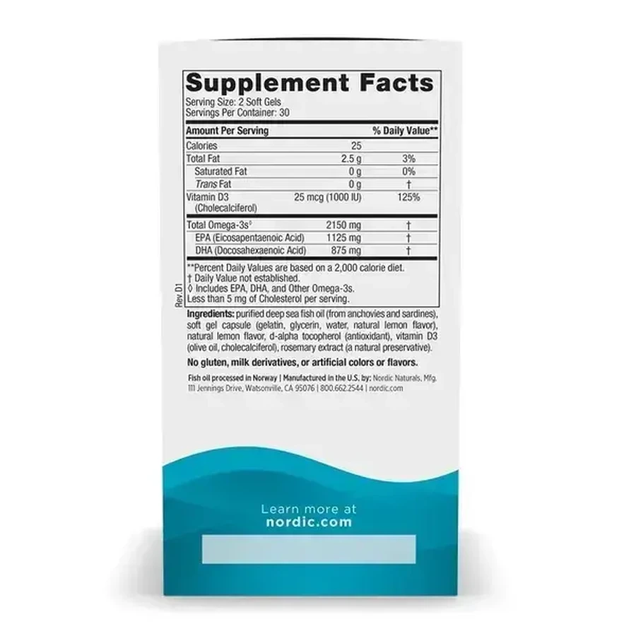 Nordic Naturals, Ultimate Omega 2X з вітаміном D3 2150 мг, лимонний смак, капсули, 60 шт.: ціни та характеристики