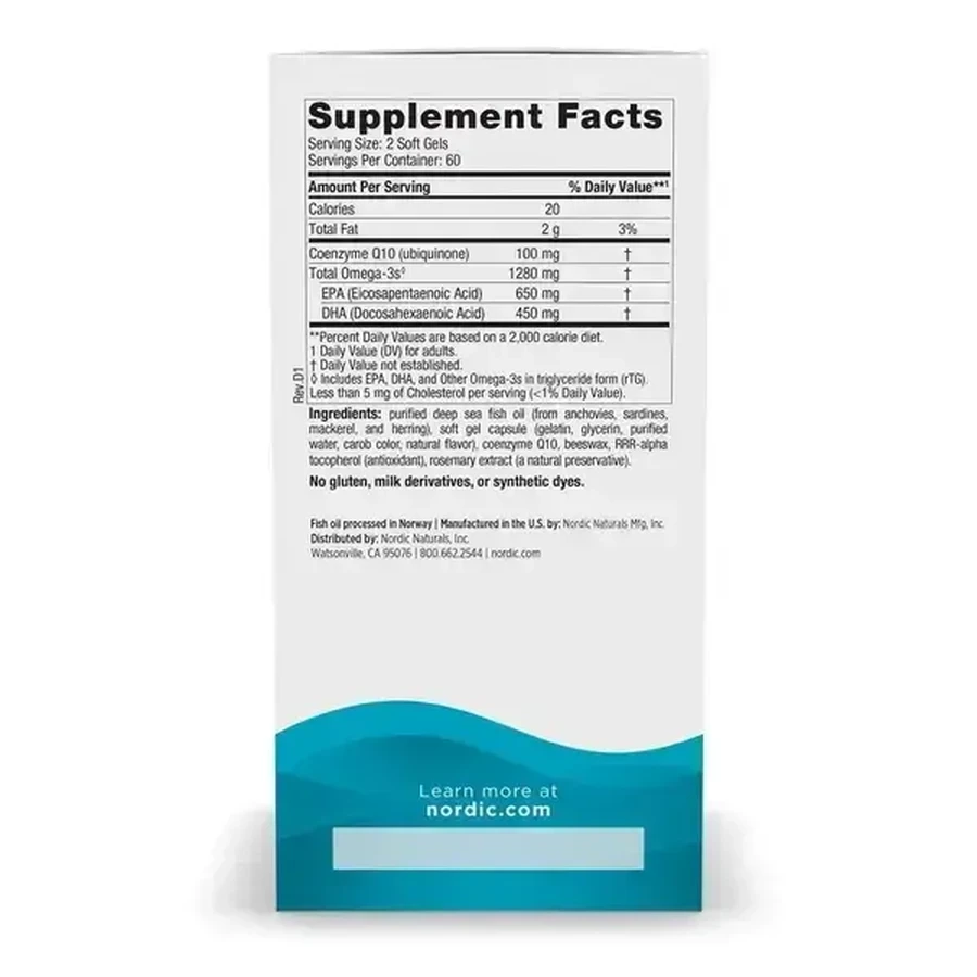 Nordic Naturals Ultimate Omega 1280 мг + CoQ10 100 мг, капсулы, с лимонным вкусом, 120 шт.: цены и характеристики