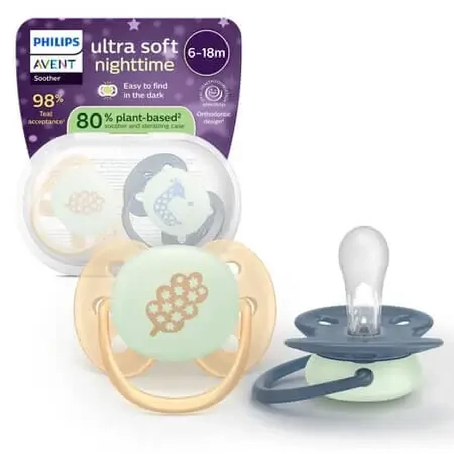 Набір фосфоресцентних пустушок Ultra Soft від Avent, 6–18 місяців, SCF094/03, 2 штуки, Philips: ціни та характеристики