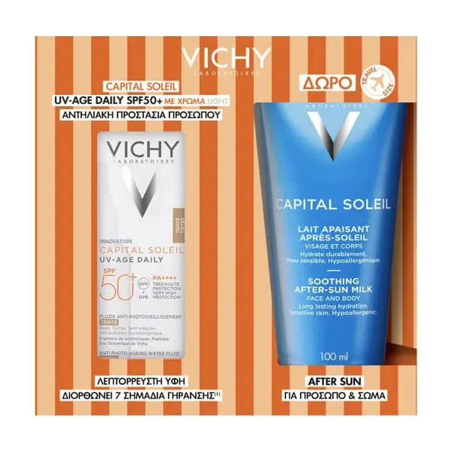 Vichy | Акция Capital Soleil UV-Age Daily Pigment Light SPF50+, 40 мл, жидкий солнцезащитный крем для лица с пигментными пятнами и подарок After Sun 100 мл: цены и характеристики