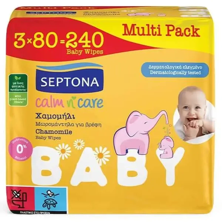 Septona | Calm n' Care Вологі серветки для немовлят з ромашкою | 3 x 80 шт.: ціни та характеристики