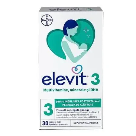Elevit 3, мультивитамины для послеродового периода и периода грудного вскармливания, 2×30 капсул, Bayer: цены и характеристики