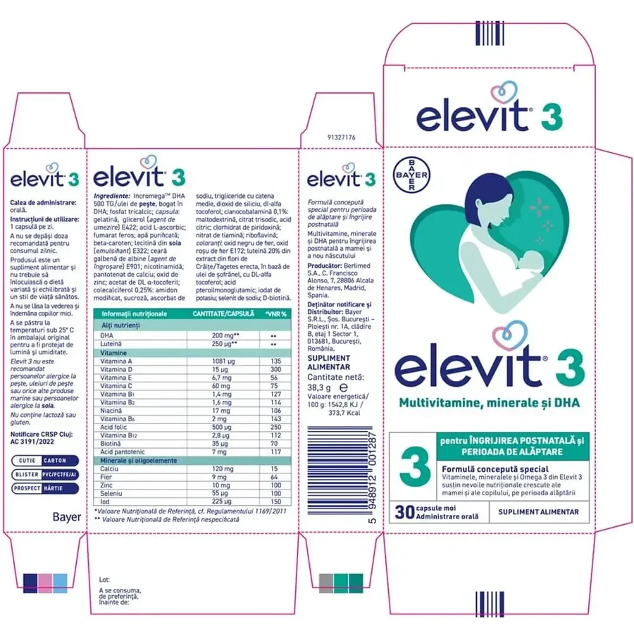 Elevit 3, мультивитамины для послеродового периода и периода грудного вскармливания, 2×30 капсул, Bayer: цены и характеристики
