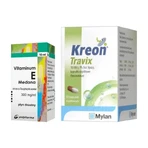 Набор «Kreon Travix», 10 000, энтеросолюбильные капсулы, 50 шт. (флакон) + «Vitaminum E» (300 мг/мл), капли, 10 мл (Medana): цены и характеристики