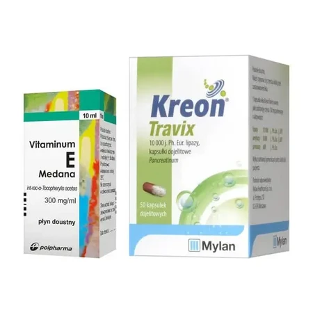 Набор «Kreon Travix», 10 000, энтеросолюбильные капсулы, 50 шт. (флакон) + «Vitaminum E» (300 мг/мл), капли, 10 мл (Medana): цены и характеристики