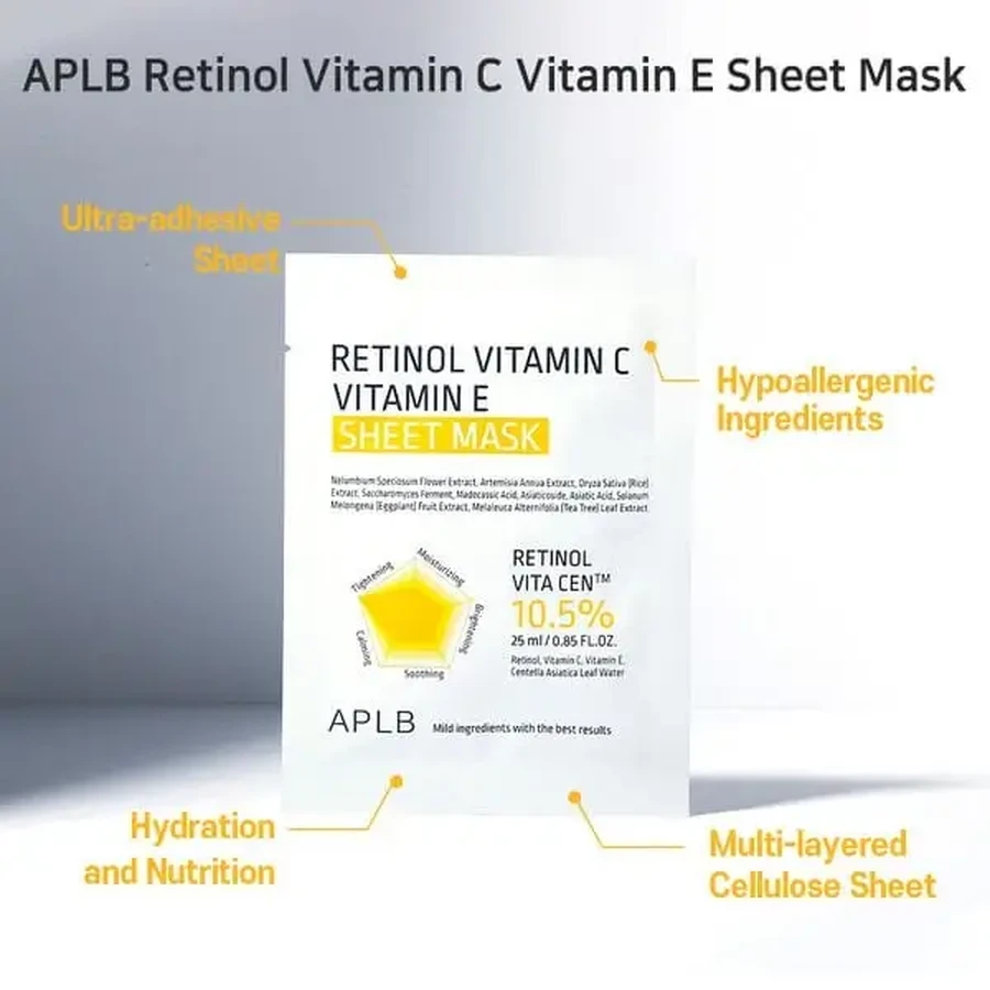 APLB Retinol Vitamin C Vitamin E Sheet Mask, маска-серветка для обличчя з ретинолом та вітамінами С і Е, 25 мл: ціни та характеристики