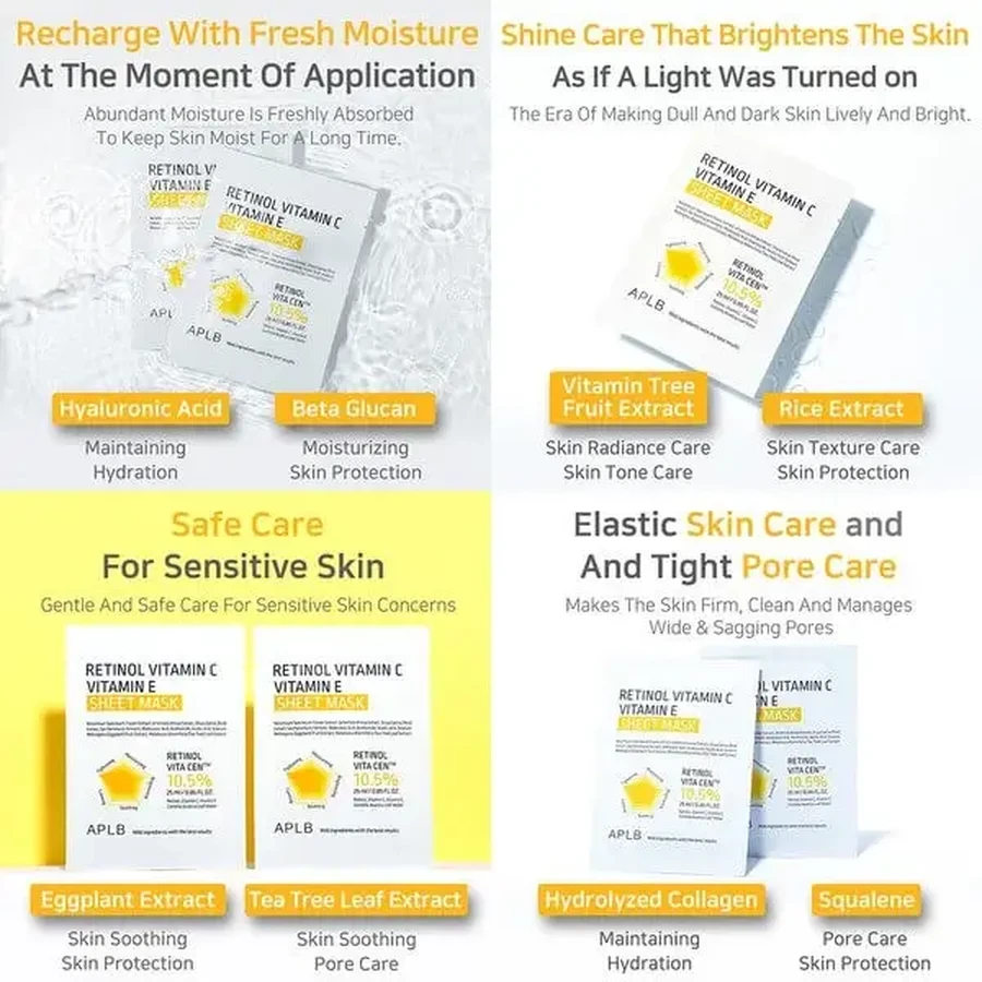 APLB Retinol Vitamin C Vitamin E Sheet Mask, маска-серветка для обличчя з ретинолом та вітамінами С і Е, 25 мл: ціни та характеристики