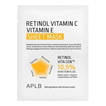 APLB Retinol Vitamin C Vitamin E Sheet Mask, маска-серветка для обличчя з ретинолом та вітамінами С і Е, 25 мл: ціни та характеристики
