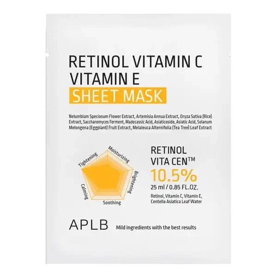 APLB Retinol Vitamin C Vitamin E Sheet Mask, маска-серветка для обличчя з ретинолом та вітамінами С і Е, 25 мл: ціни та характеристики