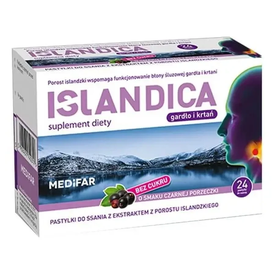 Medifar Islandica без цукру, льодяники для розсмоктування, зі смаком чорної смородини, 24 шт.: ціни та характеристики