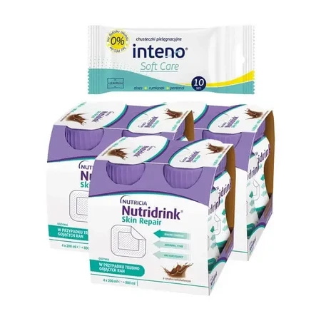 Набор: 3 упаковки Nutridrink Skin Repair, шоколадный вкус, жидкость, 4 × 200 мл + INTENO Soft Care, ухаживающие салфетки, 10 шт.: цены и характеристики