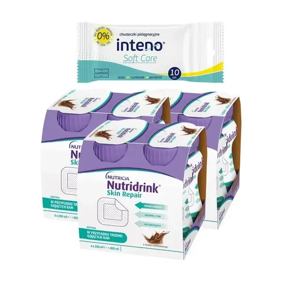 Набор: 3 упаковки Nutridrink Skin Repair, шоколадный вкус, жидкость, 4 × 200 мл + INTENO Soft Care, ухаживающие салфетки, 10 шт.: цены и характеристики