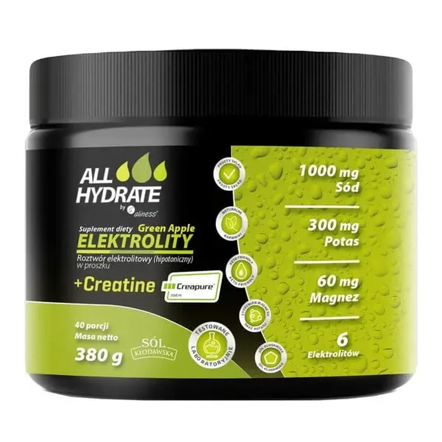 AllHydrate Электролиты + Креатин «Зелёное яблоко», порошок, вкус зелёного яблока, 380 г: цены и характеристики
