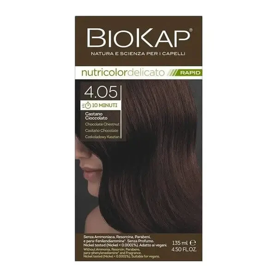 Biokap Nutricolor Delicato Rapid, фарба для волосся 4.05 «шоколадний каштан», 135 мл: ціни та характеристики