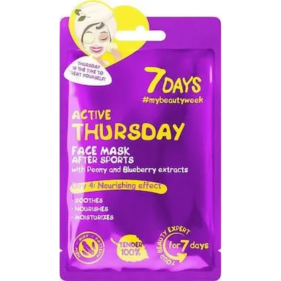7DAYS Active Thursday Sheet Mask — маска для обличчя для шкіри, схильної до акне, з півонією та чорницею, 28 г: ціни та характеристики