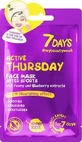 7DAYS Active Thursday Sheet Mask — маска для обличчя для шкіри, схильної до акне, з півонією та чорницею, 28 г