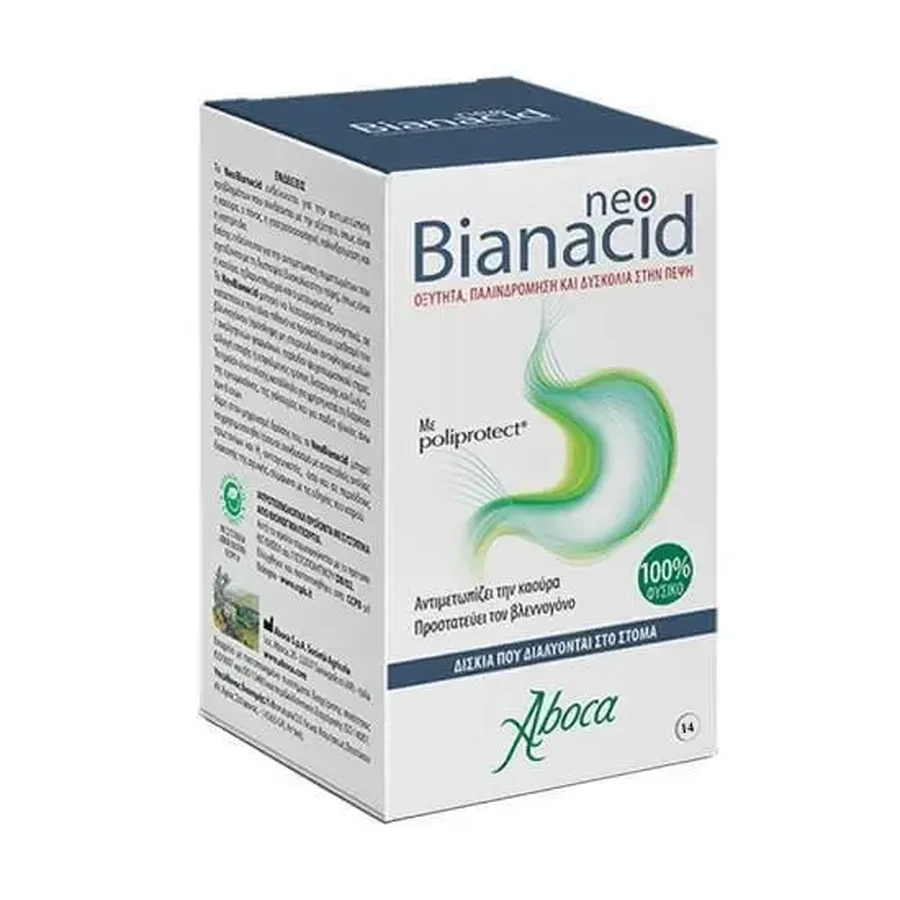 ABOCA Neo Bianacid — пищевая добавка для лечения изжоги и защиты слизистой оболочки желудка, 14 таблеток: цены и характеристики