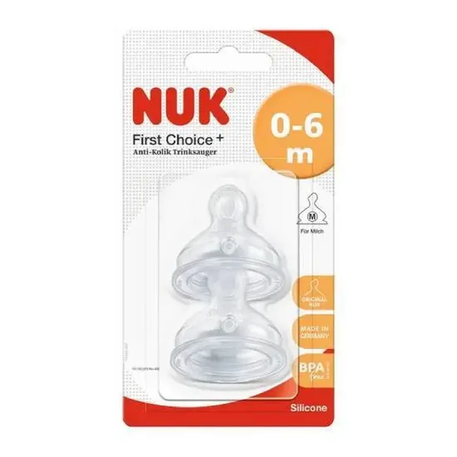 NUK First Choice+ Силиконовые соски No Colic, средний размер, 0–6 мес., 2 шт.: цены и характеристики