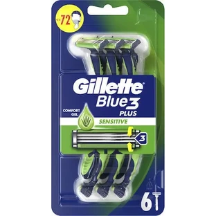 GILLETTE Blue 3 Plus Sensitive Одноразовая бритва с 3 лезвиями и смазочной полоской для чувствительной кожи, 6 шт.