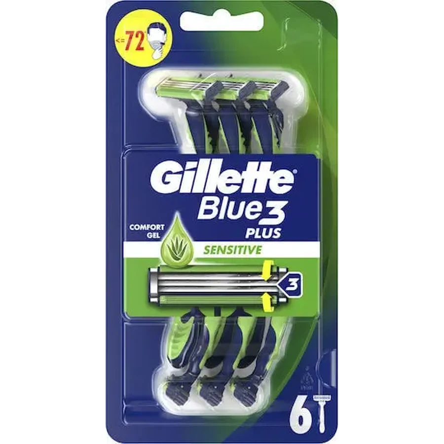 GILLETTE Blue 3 Plus Sensitive Одноразова бритва з 3 лезами та змащувальною смужкою для чутливої шкіри, 6 штук: ціни та характеристики