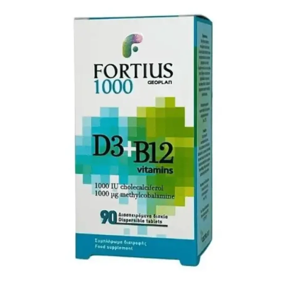 GEOPLAN Fortius D3 1000 МО + B12 1000 мг, 90 таблеток, що розчиняються: ціни та характеристики