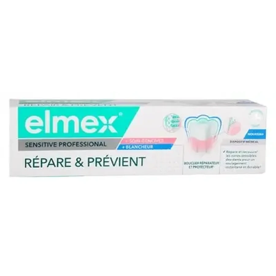 Elmex Sensitive Professional: восстанавливает и предотвращает + уход за деснами + отбеливающий эффект, 75 мл: цены и характеристики
