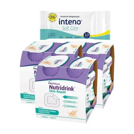 Набор: 3 упаковки Nutridrink Skin Repair, ванильный вкус, жидкость, 4 × 200 мл + INTENO Soft Care, ухаживающие салфетки, 10 шт.: цены и характеристики