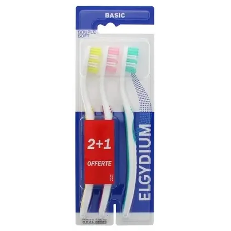 Зубна щітка Elgydium Basic Soft, упаковка з 2 штук + 1 у подарунок: ціни та характеристики