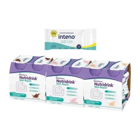 Набор Nutridrink Skin Repair, жидкость, со вкусом клубники, шоколада и ванили, 4 шт. по 200 мл (x3) + INTENO Soft Care, уходовые салфетки, 10 шт.: цены и характеристики