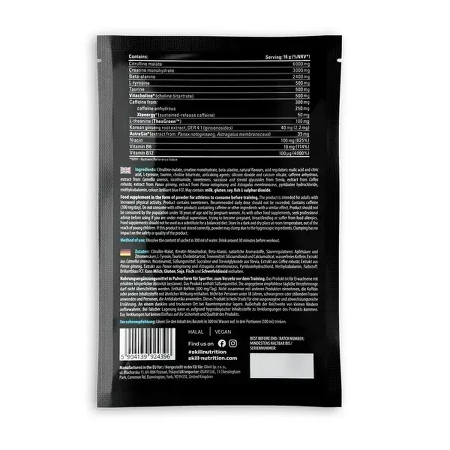 Skill Nutrition Pre-Workout, порошок, вкус «голубая малина», 16 г: цены и характеристики
