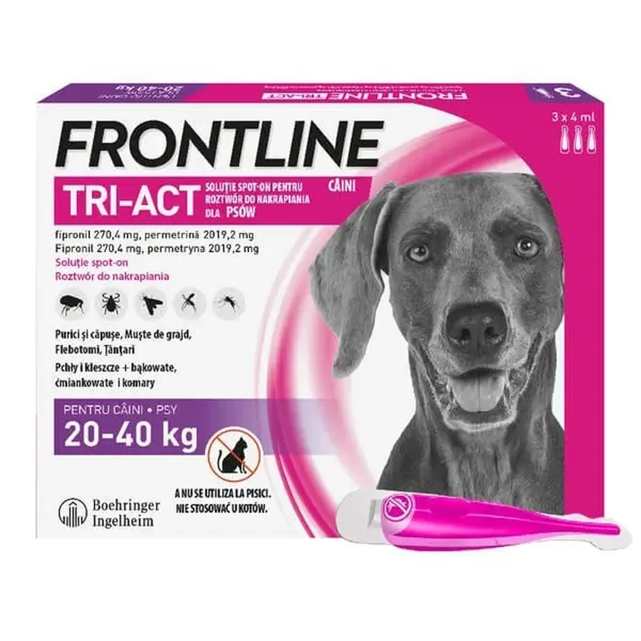 Frontline Tri-Act Spot-on L для собак вагою 20–40 кг, потрійний захист від паразитів, краплі в піпетках, 4 мл × 3 шт.: ціни та характеристики