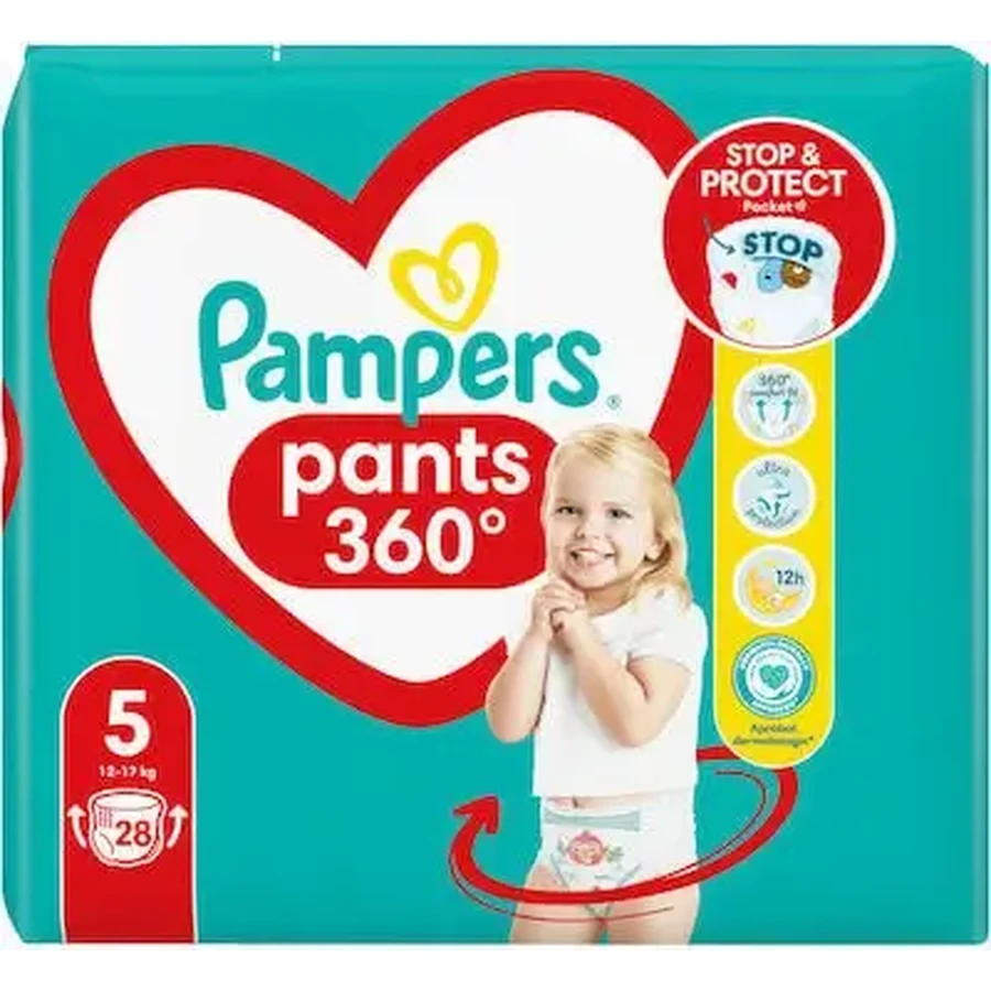 PAMPERS Штанці 360° Дитячі підгузки — розмір №5 (12 кг–17 кг) 28 штук: ціни та характеристики