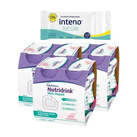 Набор: 3 упаковки Nutridrink Skin Repair, клубничный вкус, жидкость, по 200 мл + INTENO Soft Care, ухаживающие салфетки, 10 шт.: цены и характеристики